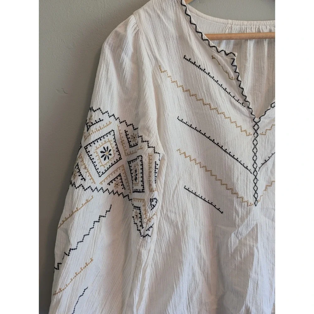 Madewell Peasant Top‎ 100% Cotton Cream Embroidered Puff Sleeve Notch Neck Boho